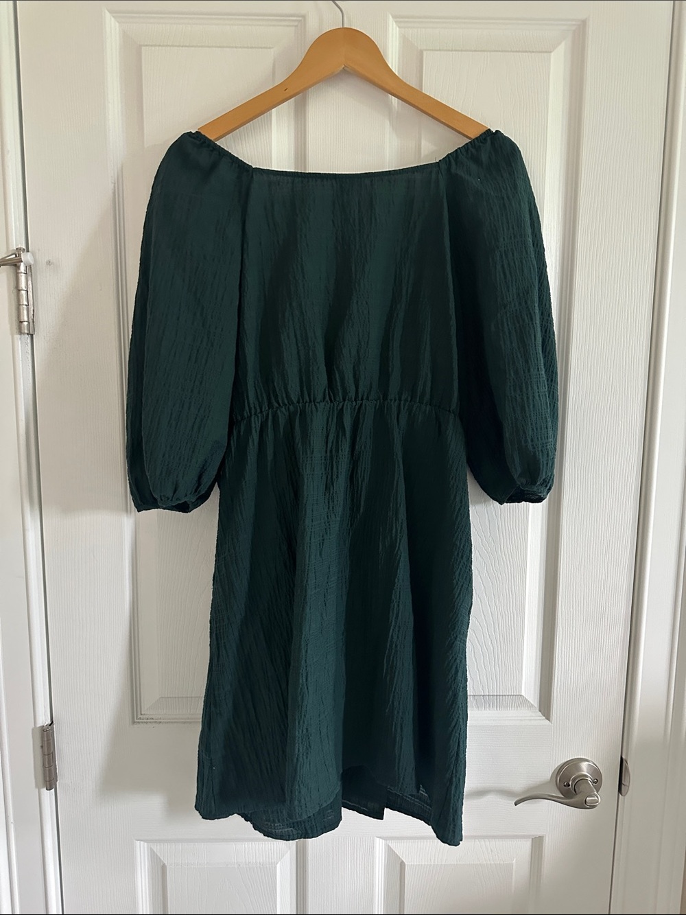 Dark Green Puff Sleeve Wrap Mini Dress - Picture 6 of 8